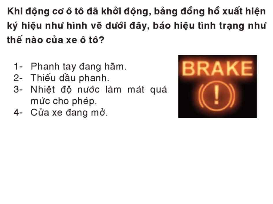 Khi động cơ ô tô đã khởi động, bảng đồng hồ xuất hiện ký hiệu như hình vẽ dưới đây, báo hiệu tình trạng như thế nào của xe ô tô?