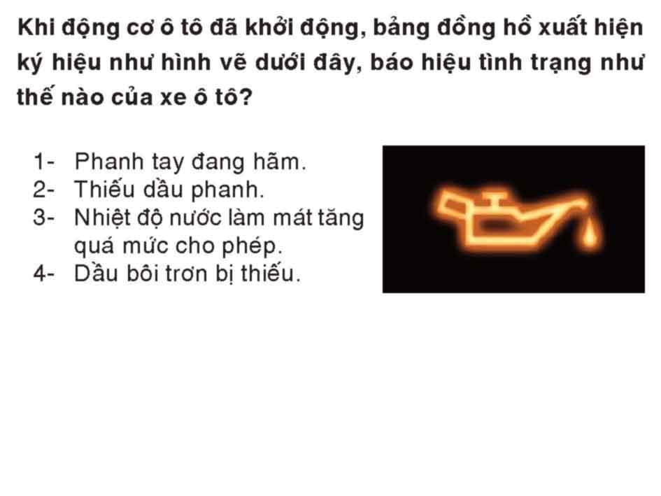 Khi động cơ ô tô đã khởi động, bảng đồng hồ xuất hiện ký hiệu như hình vẽ dưới đây, báo hiệu tình trạng như thế nào của xe ô tô ?