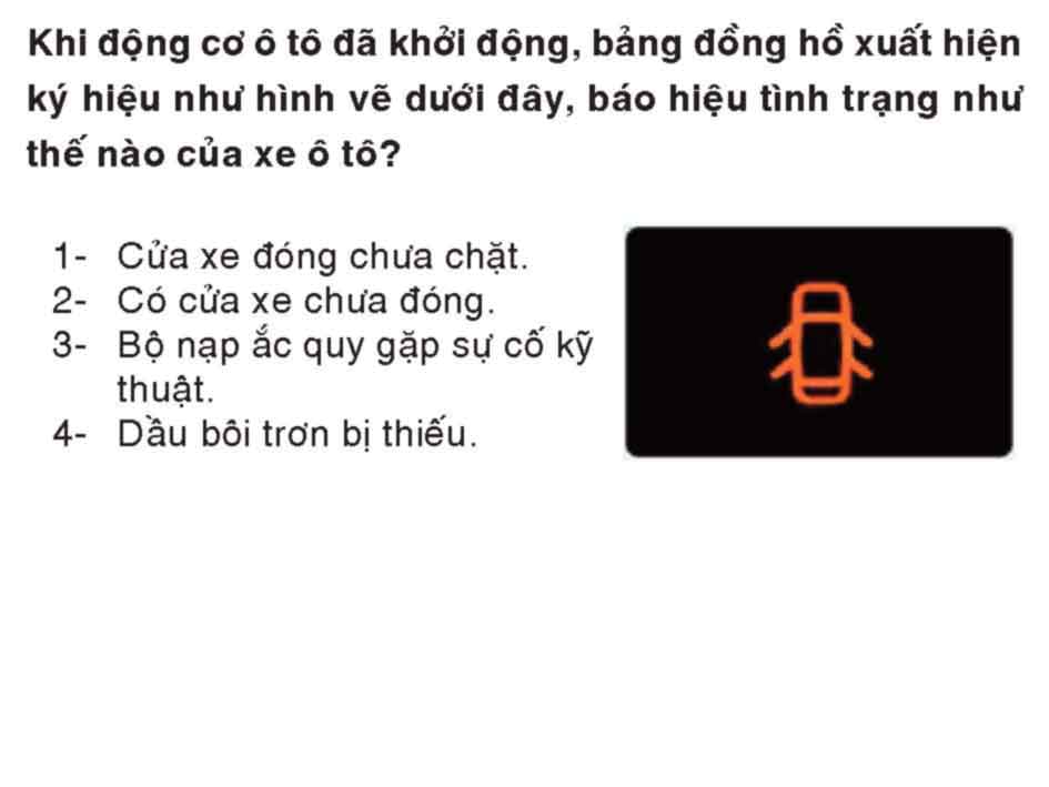 Khi động cơ ô tô đã khởi động, bảng đồng hồ xuất hiện ký hiệu như hình vẽ dưới đây, báo hiệu tình trạng như thế nào của xe ô tô ?