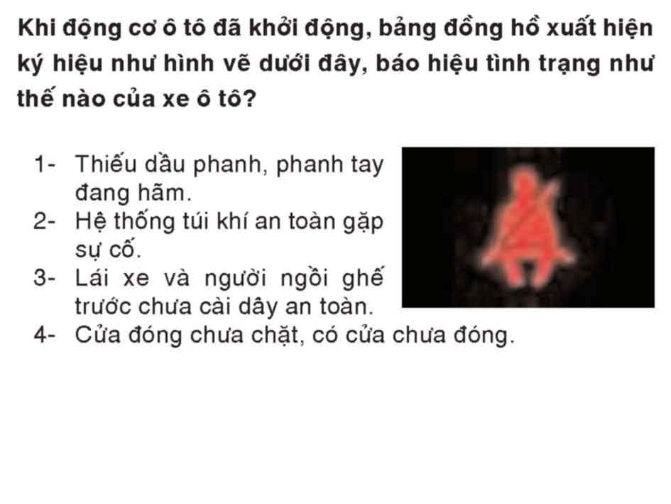 Khi động cơ ô tô đã khởi động, bảng đồng hồ xuất hiện ký hiệu như hình vẽ dưới đây, báo hiệu tình trạng như thế nào của xe ô tô ?